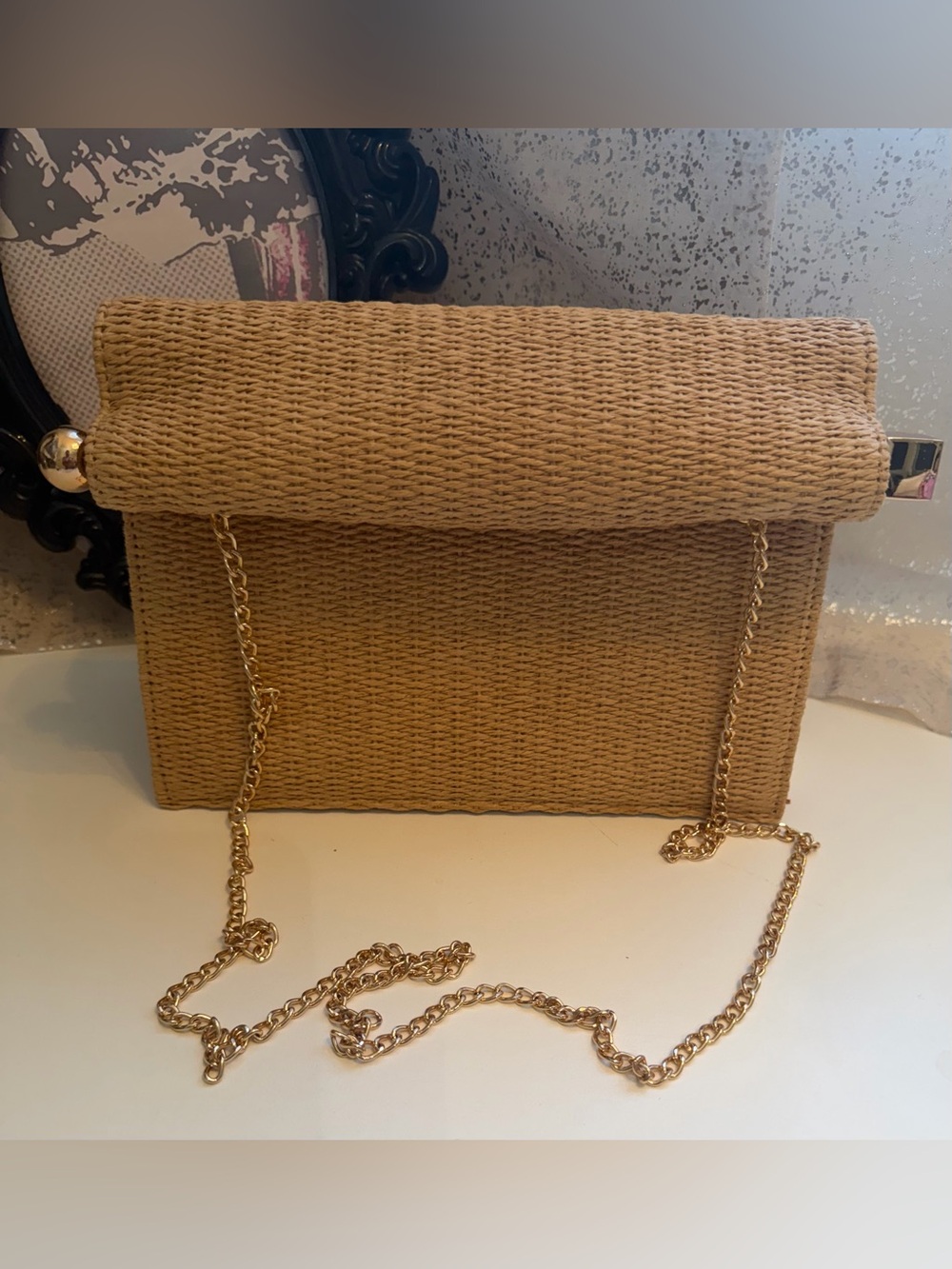 Isaac Mizrahi Straw Clutch with Gold Crossbody Chain and Asymmetrical Accents